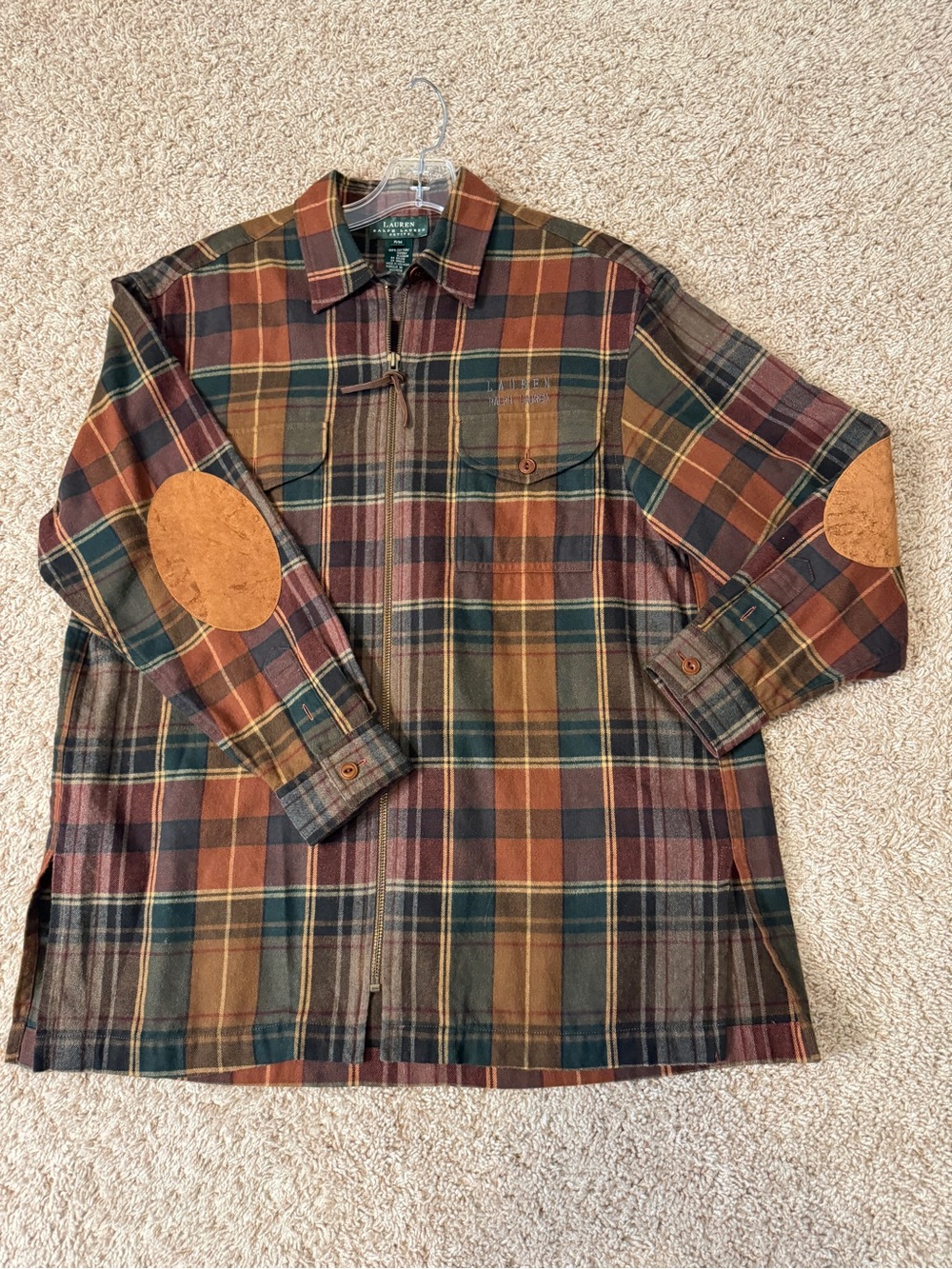 Ralph Lauren Plaid Zip-Front Lightweight Shirt Jacket in Brown, Green, Rust M